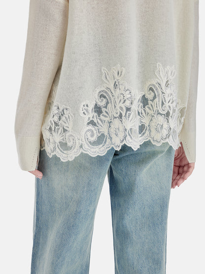 Lace-Trimmed Boat Neck Sweater