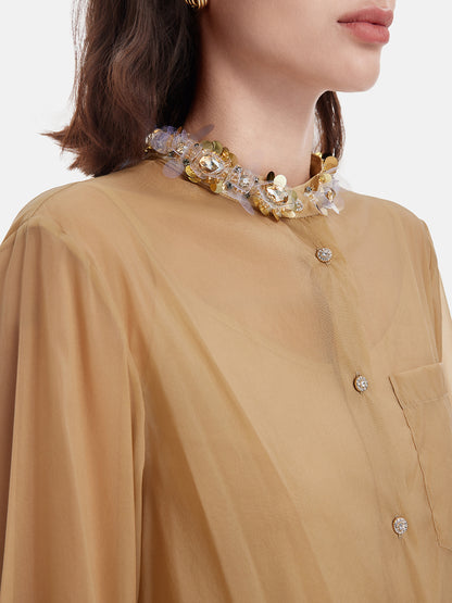 Organza Blouse with Beaded Floral Accents