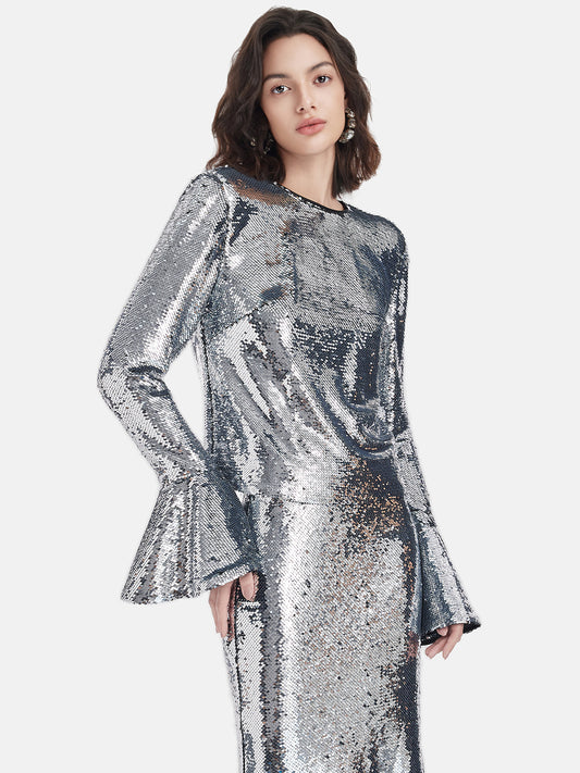 Silver Sequin Bell Sleeve Top