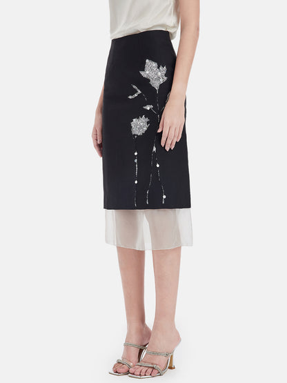 Artistic Sequin-Trimmed Wool Skirt