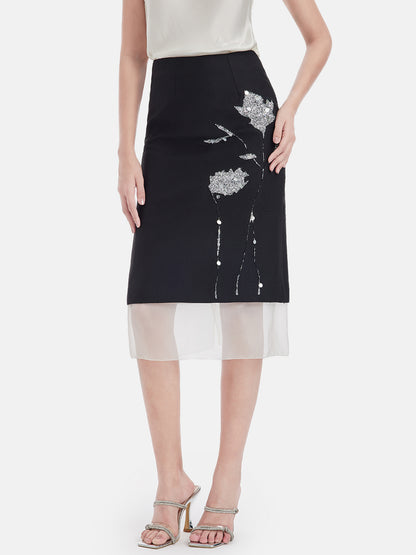 Artistic Sequin-Trimmed Wool Skirt