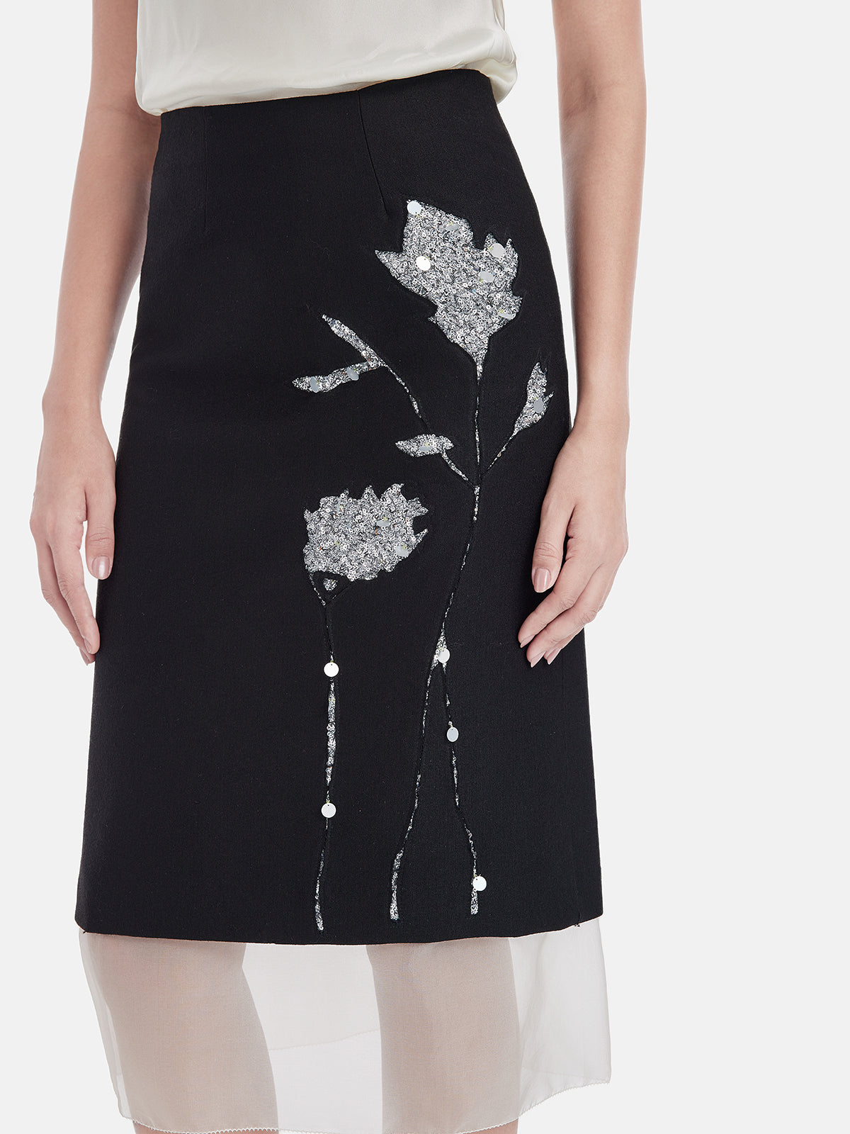 Artistic Sequin-Trimmed Wool Skirt