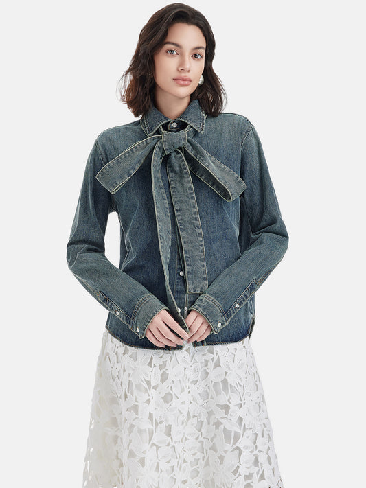 Artistic Ribbon-Tie Denim Shirt