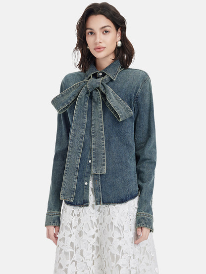 Artistic Ribbon-Tie Denim Shirt