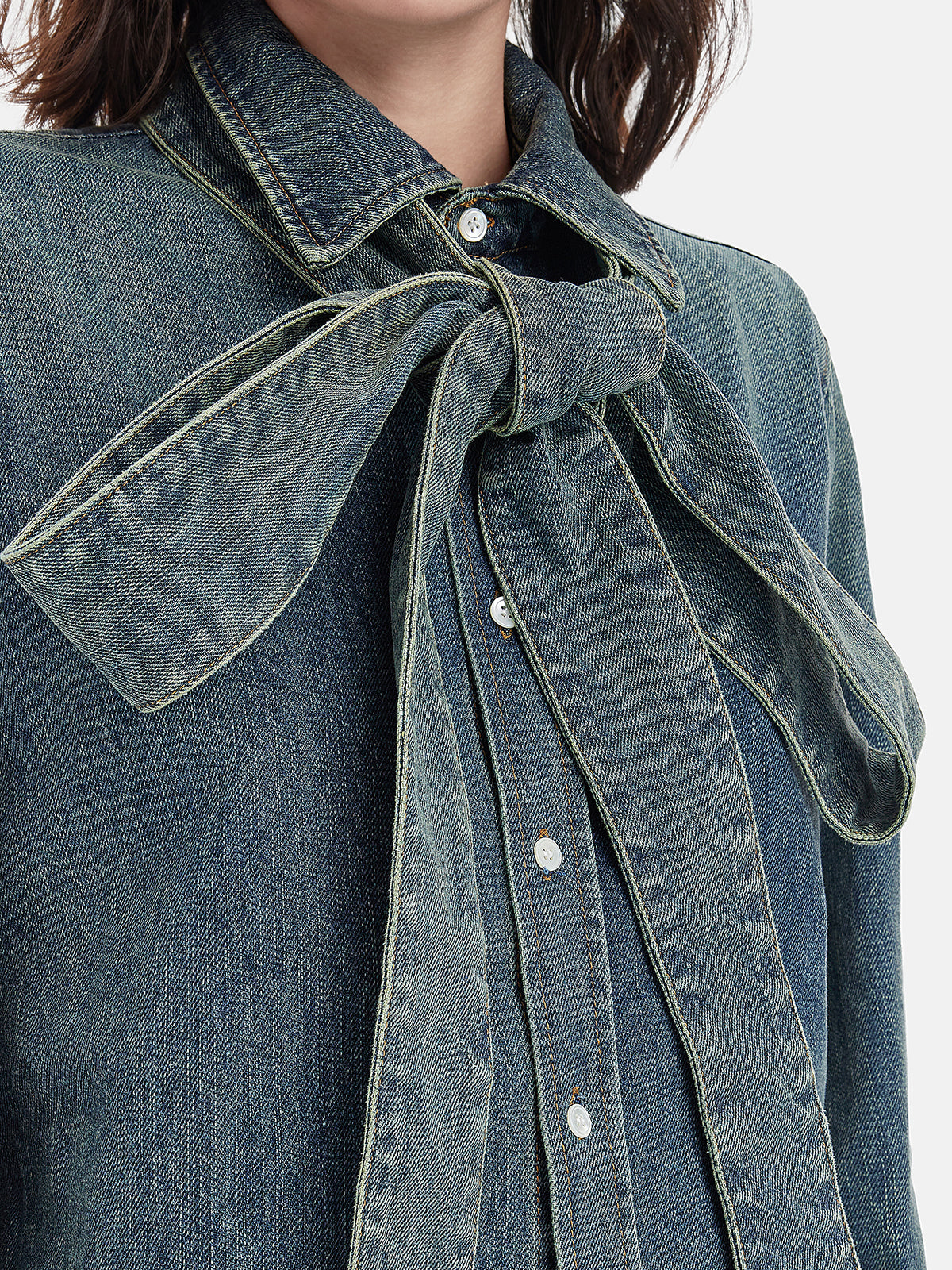 Artistic Ribbon-Tie Denim Shirt