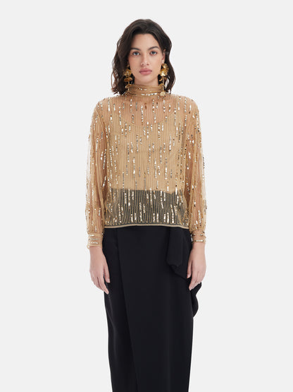 Sequin Beaded Embroidered Mesh Shirt