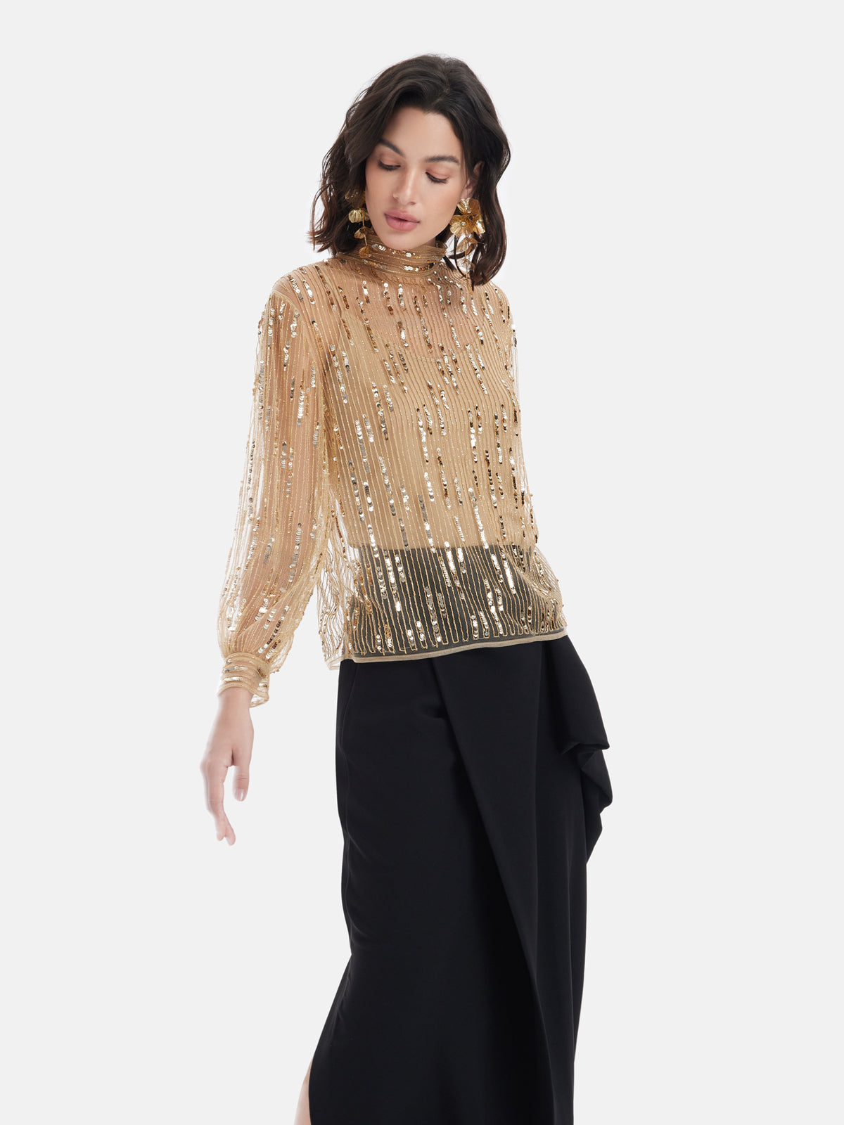 Sequin Beaded Embroidered Mesh Shirt