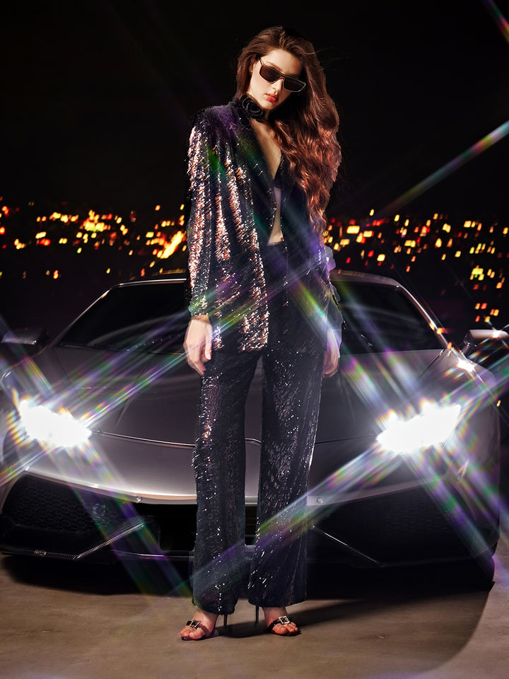 Three-Dimensional Layered Sequin Straight Pants