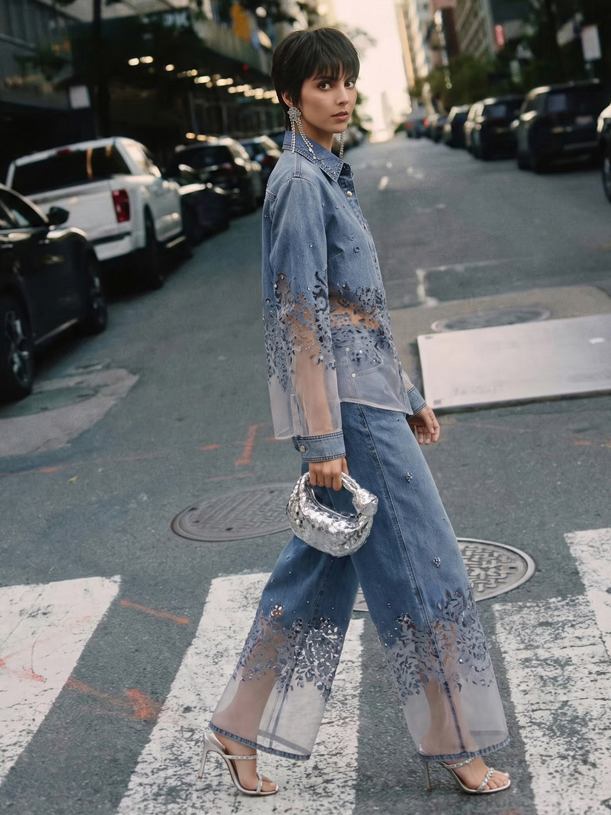 Denim Burnout Mesh Panel Rhinestone High-Waist Wide-Leg Pants