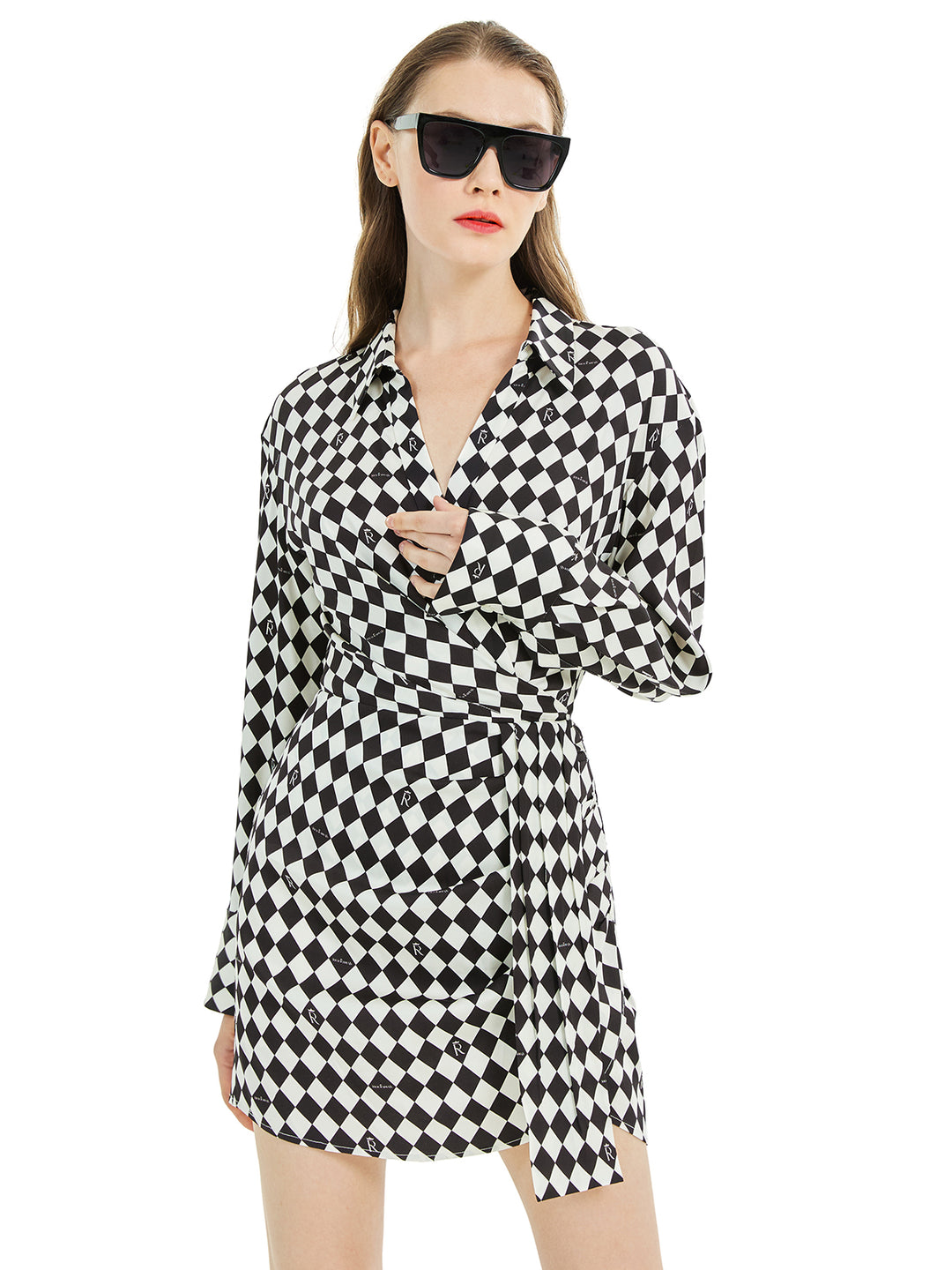 Long Sleeve Checkerboard Shirt Dress