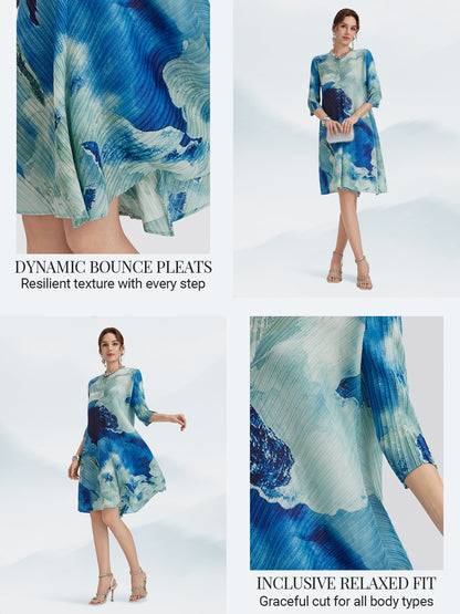 Abstract-Print Pleated Midi Dress