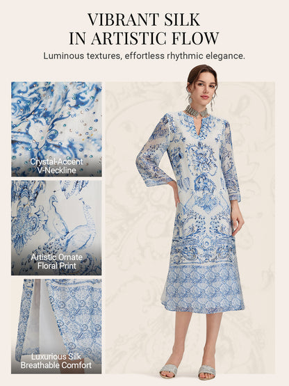 Silk Italian Floral Printed V-Neckline Dress