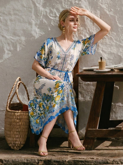 100% Silk Allover Print Rhinestone Dress (Waist Tie Included)