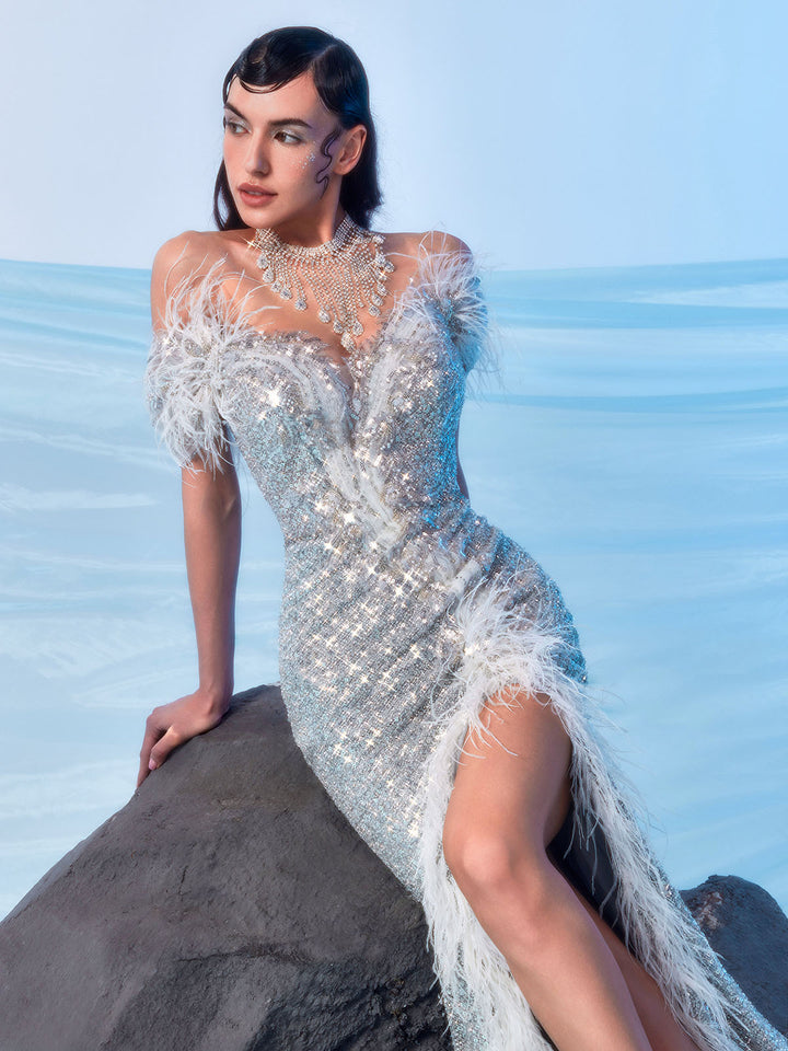 One-shoulder Feather And Bead Gown