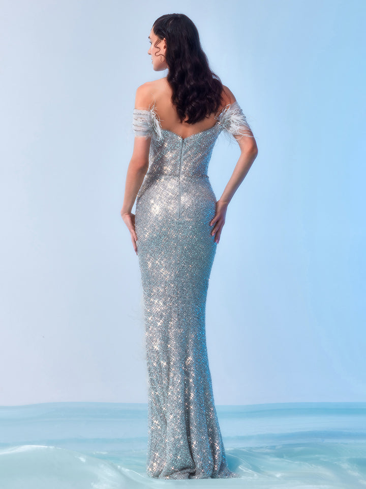 One-shoulder Feather And Bead Gown