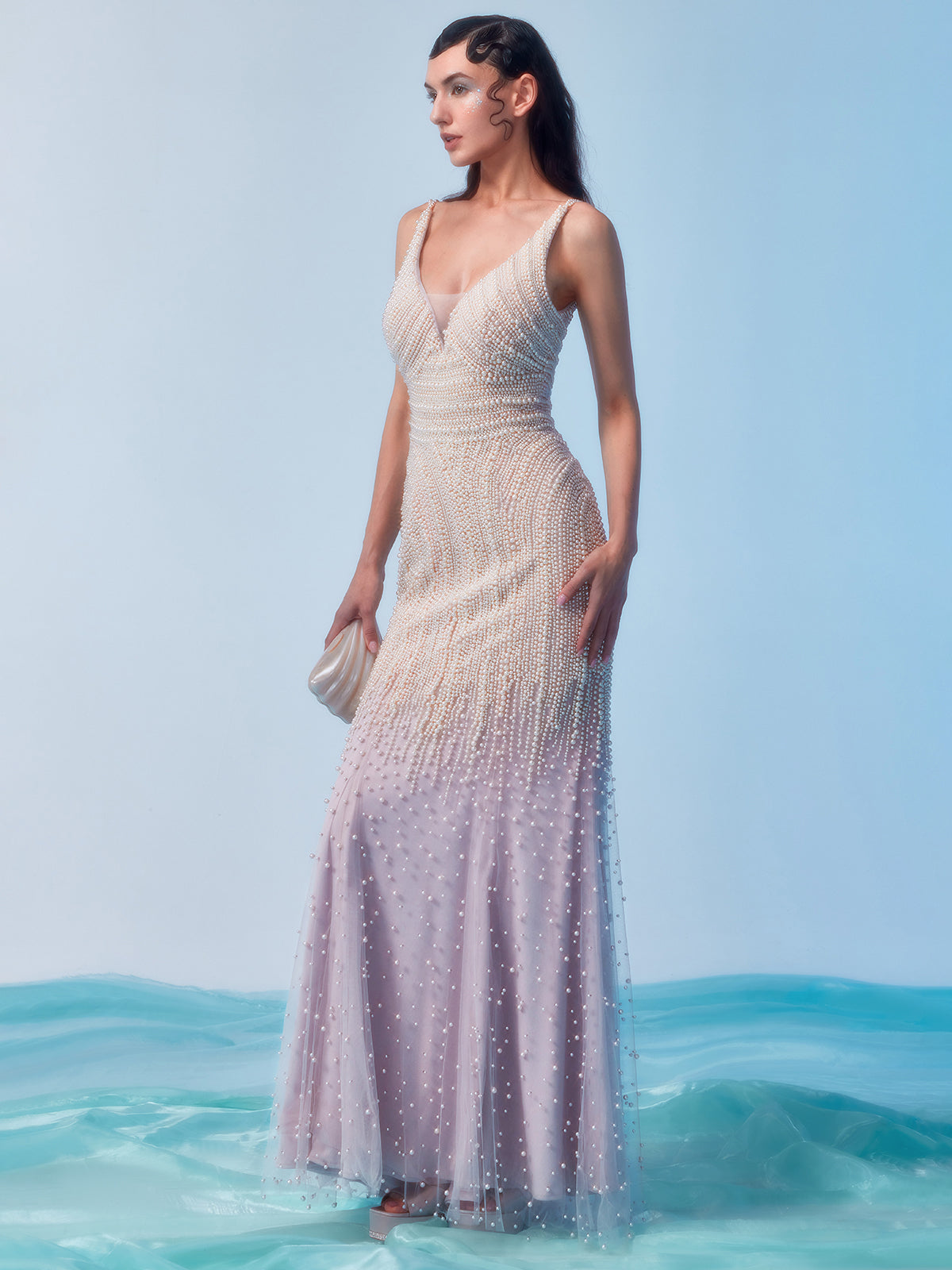 Hand-Studded Pearl Mermaid Hem Gown