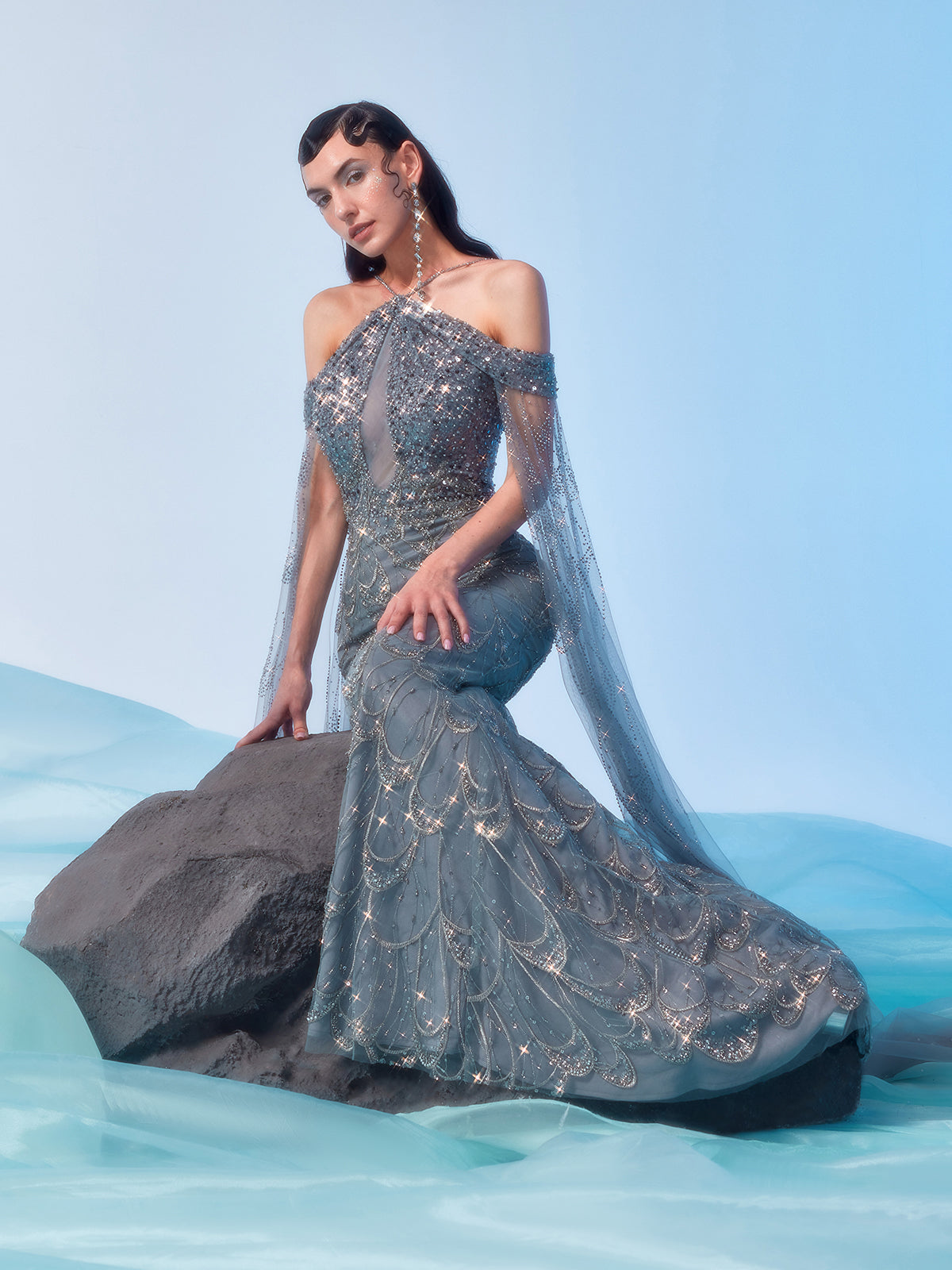 Droplet-shaped Rhinestone Embellished Gown