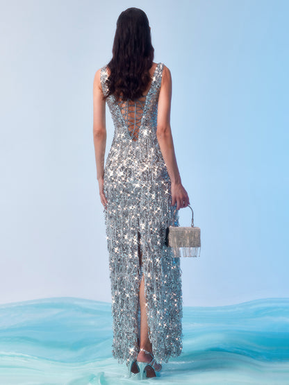 Rhinestone Embellished  Sequins Fringe Gown