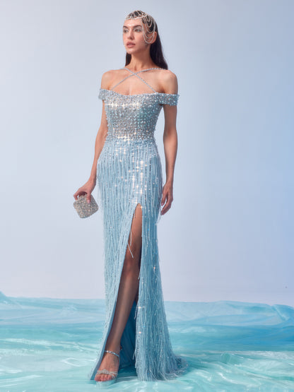 Pearl Sequin Fringe Slit Gown