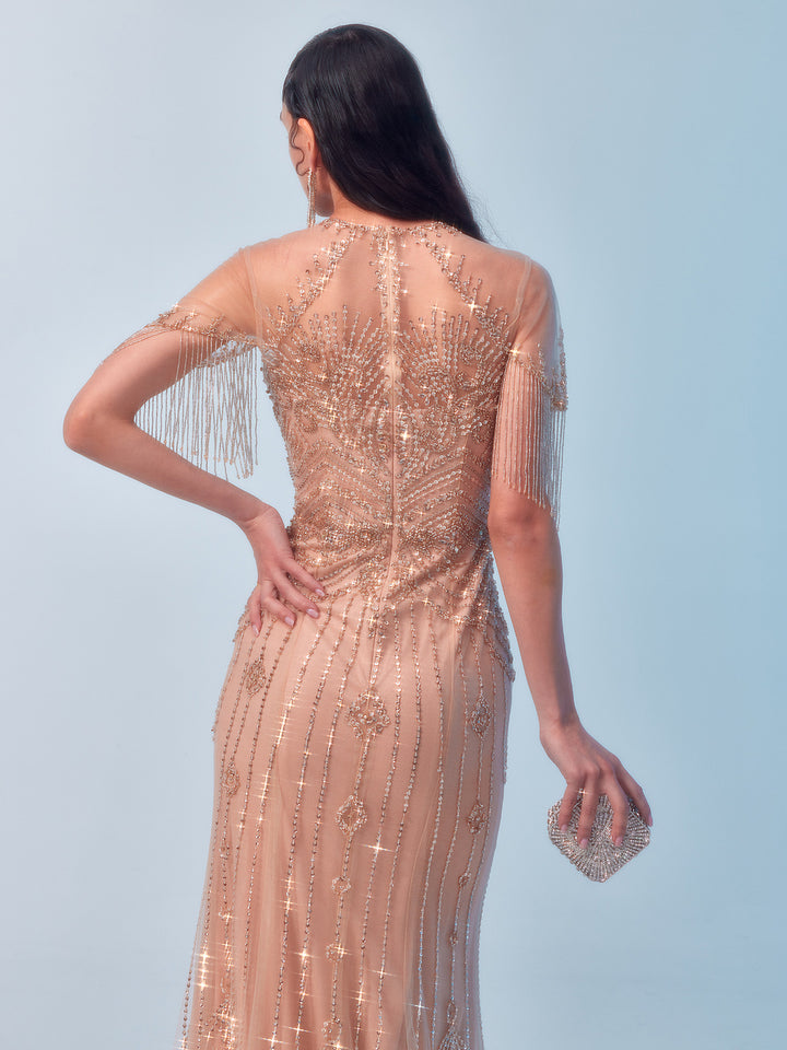 Handmade Beaded and Sequined Fringe Gown