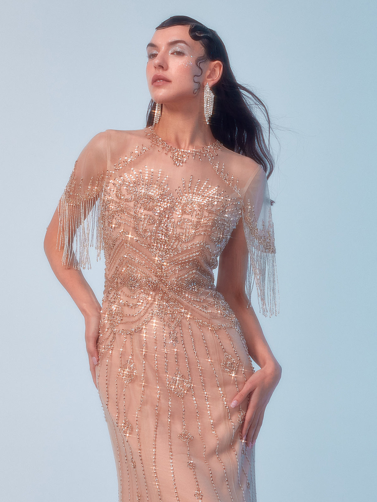 Beaded Rhinestone Fringe Gown