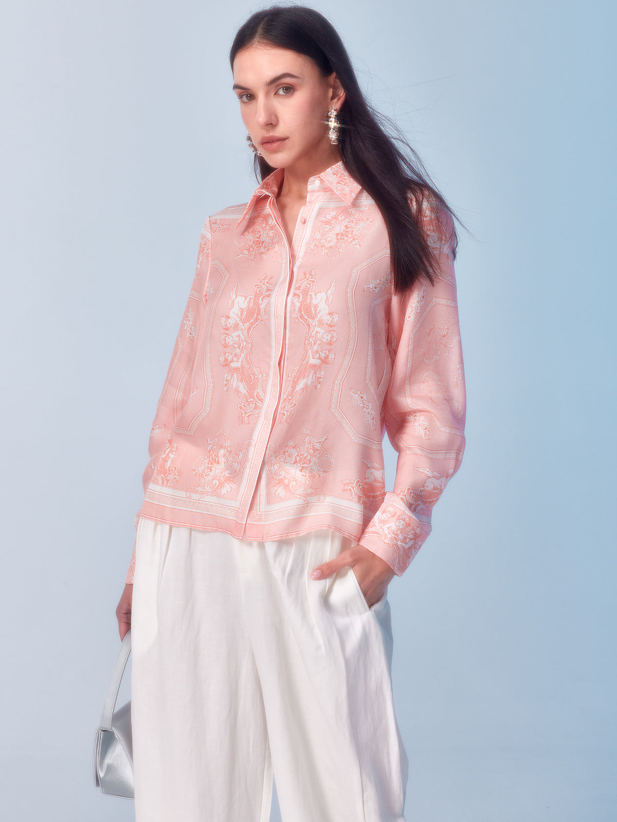 Baroque Royal Print Pink Silk Shirt