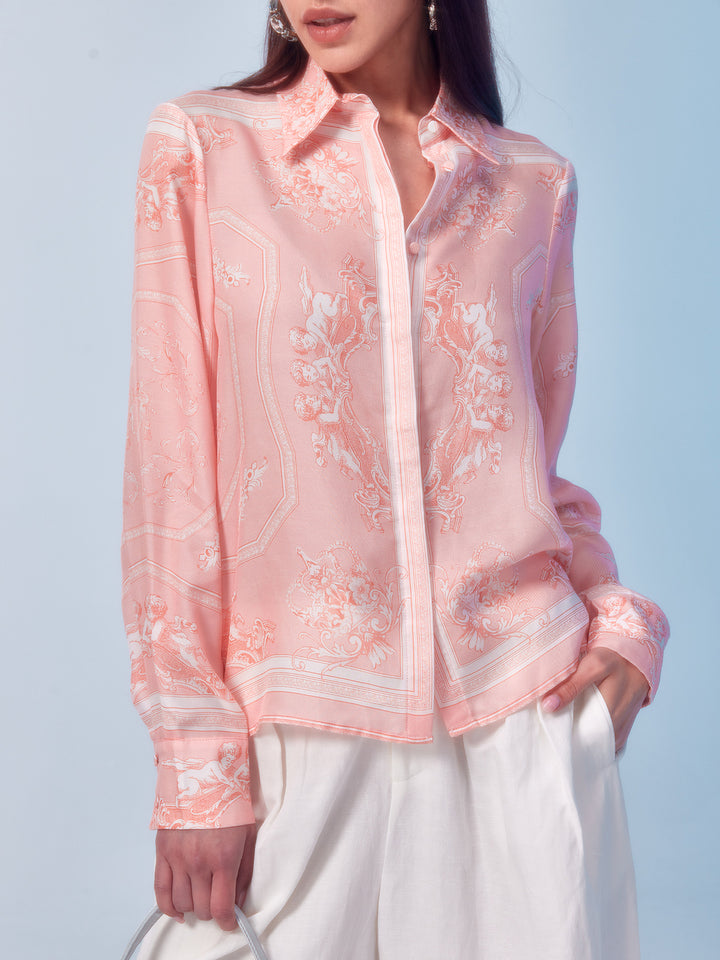 Baroque Royal Print Pink Silk Shirt