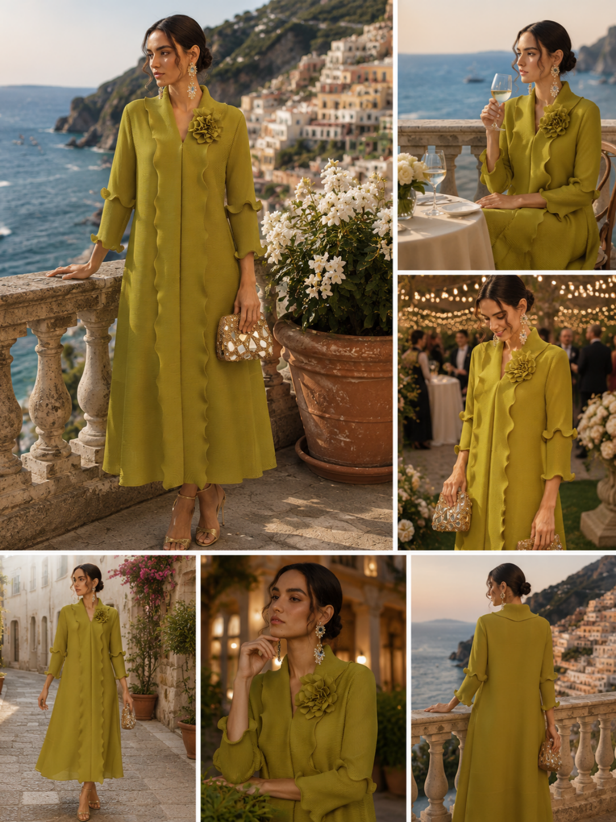 Ruffle Pleated Floral Brooch 3/4-Sleeve Gown