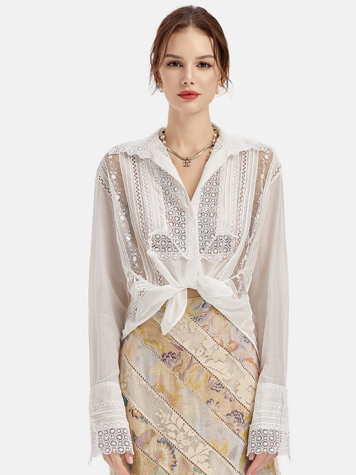 Hand-Embroidered Lace Long Sleeve Shirt