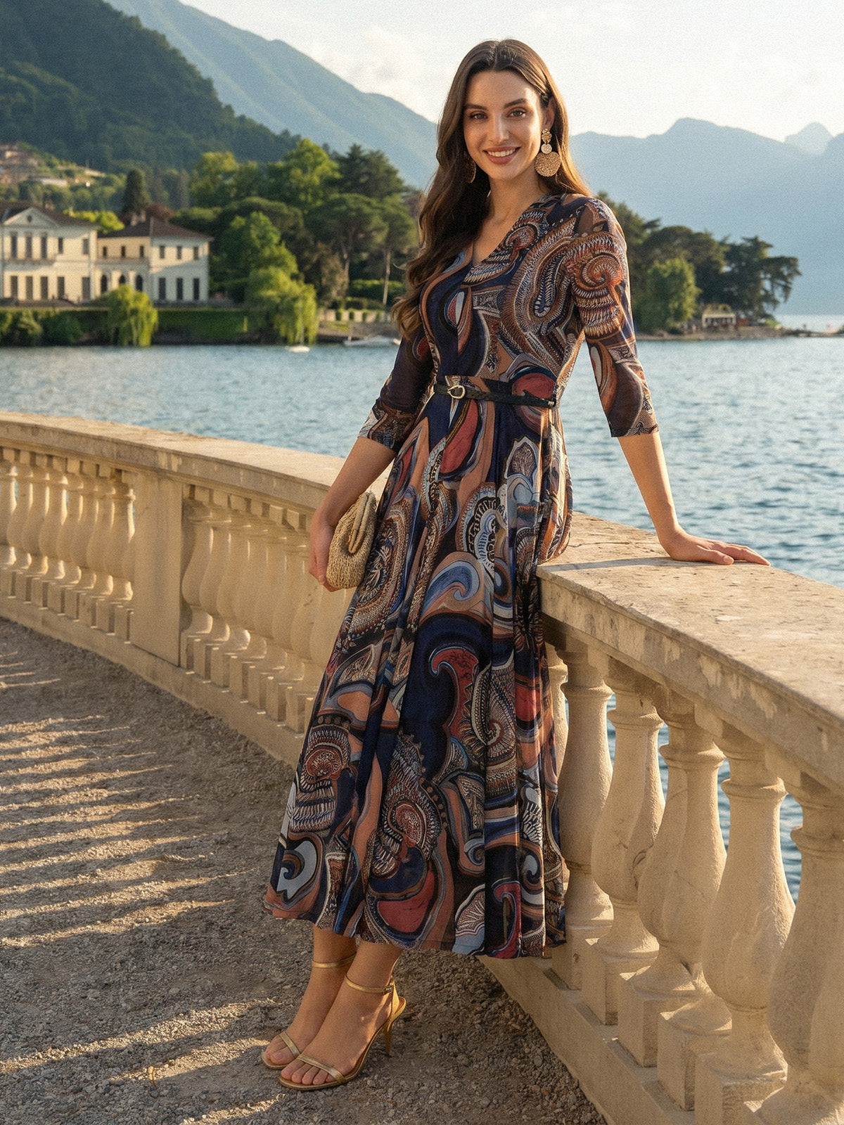 Stretch Mesh Retro Paisley Print High-waist A-line Dress
