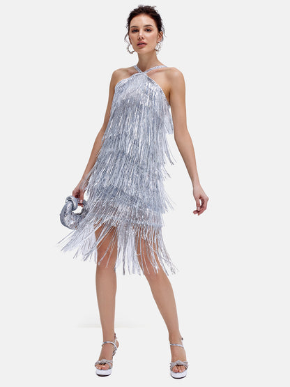 Beaded Sequin Fringe Halterneck Dress