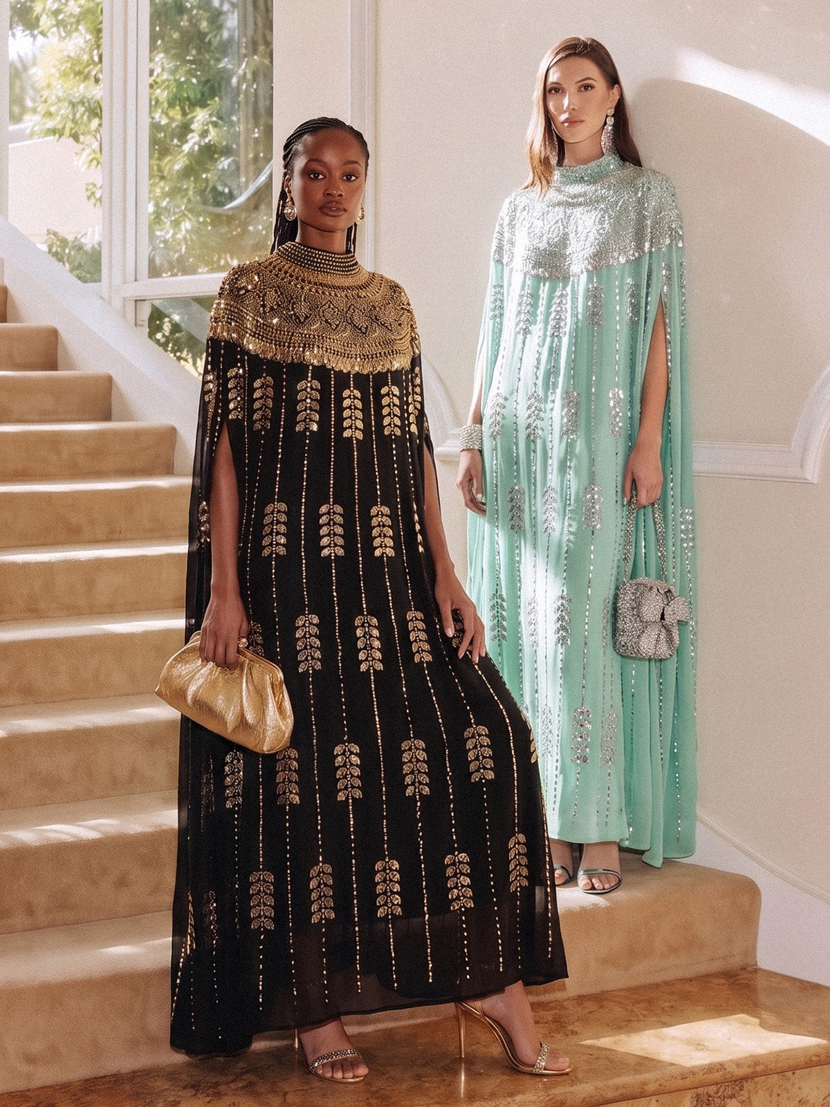 Hand-Beaded Rhinestone Cape Robe (Inner Wear Included)