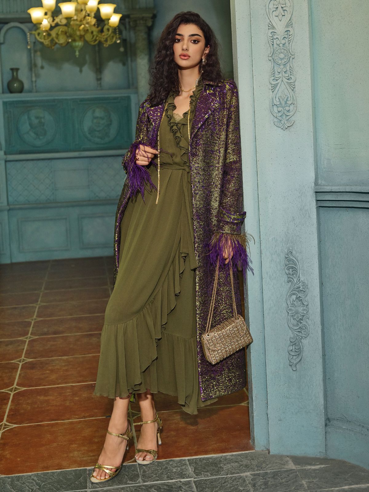 Final Sale | Two-Tone Sequin Ostrich Feather Trench Coat