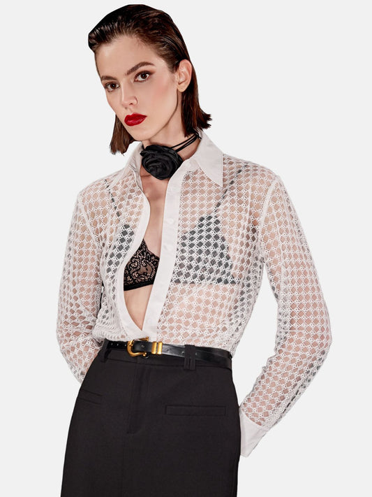 Embroidered Semi Sheer Mesh Plaid Shirt