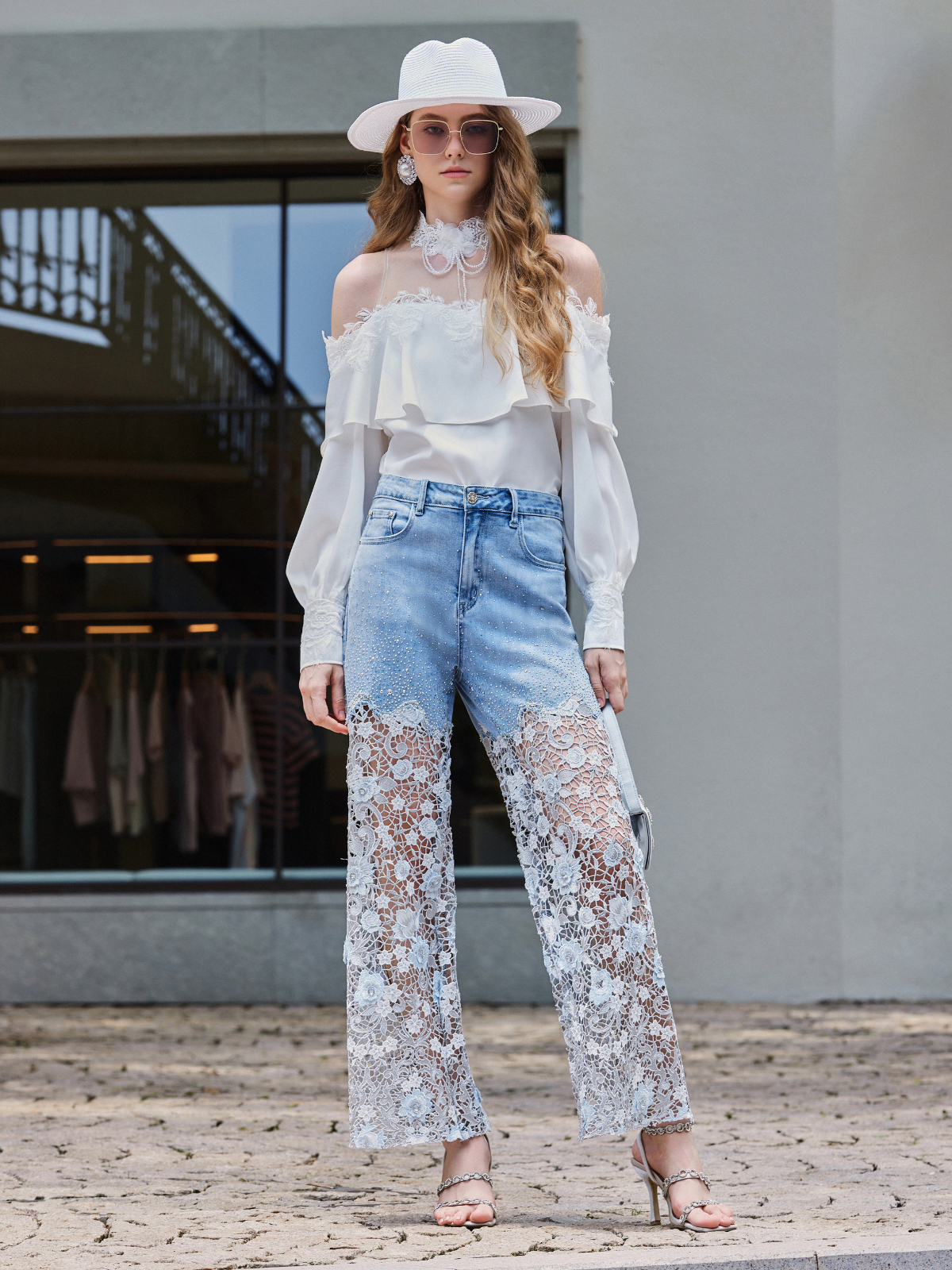 Elegant Rhinestone Lace Denim Jeans