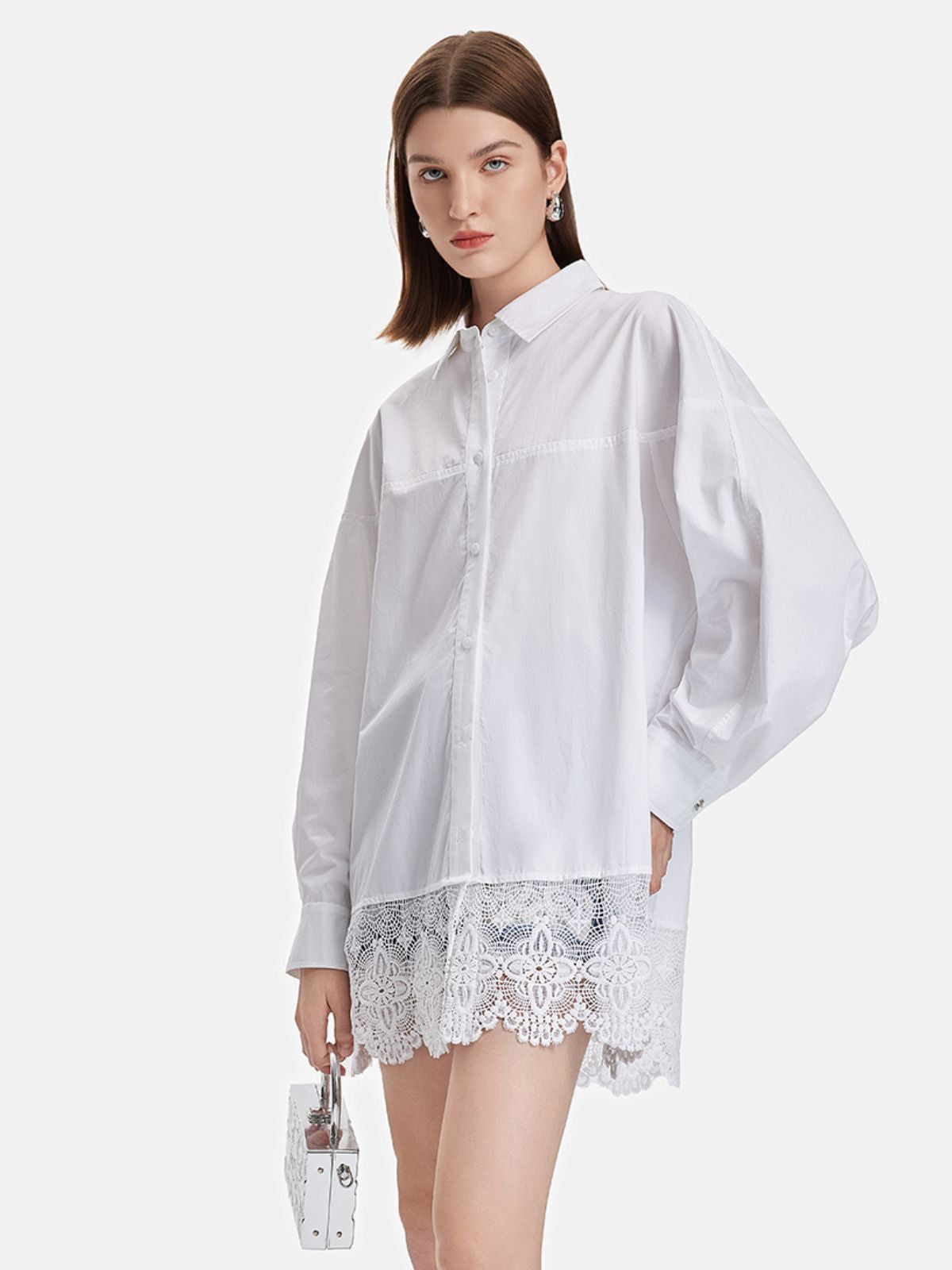 Lace Trim Oversized Long Shirt