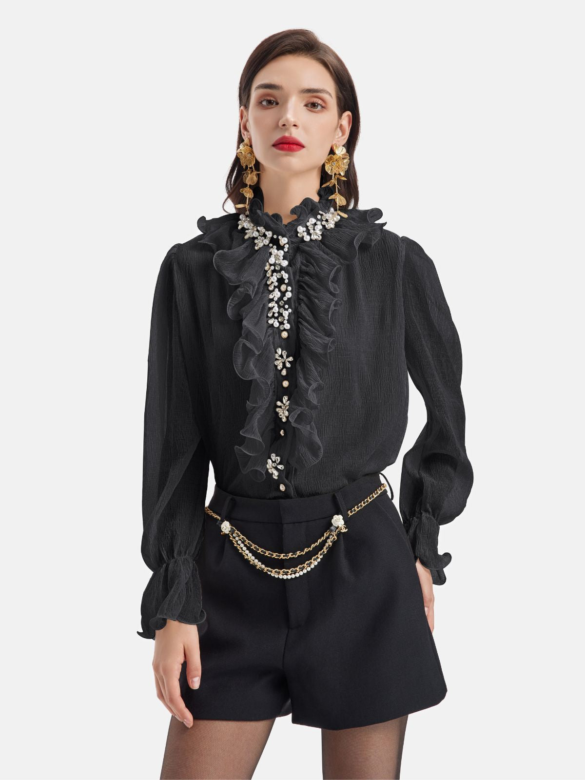 Ruffled Stand Collar Beaded Shirt