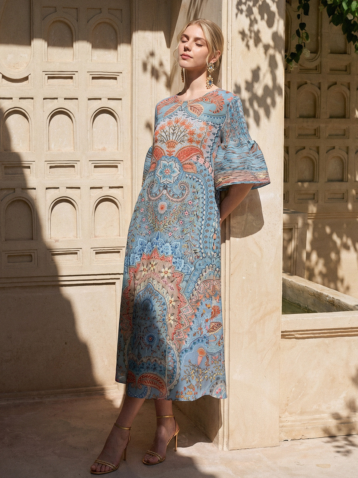 Pleated Beaded Floral Print Dress