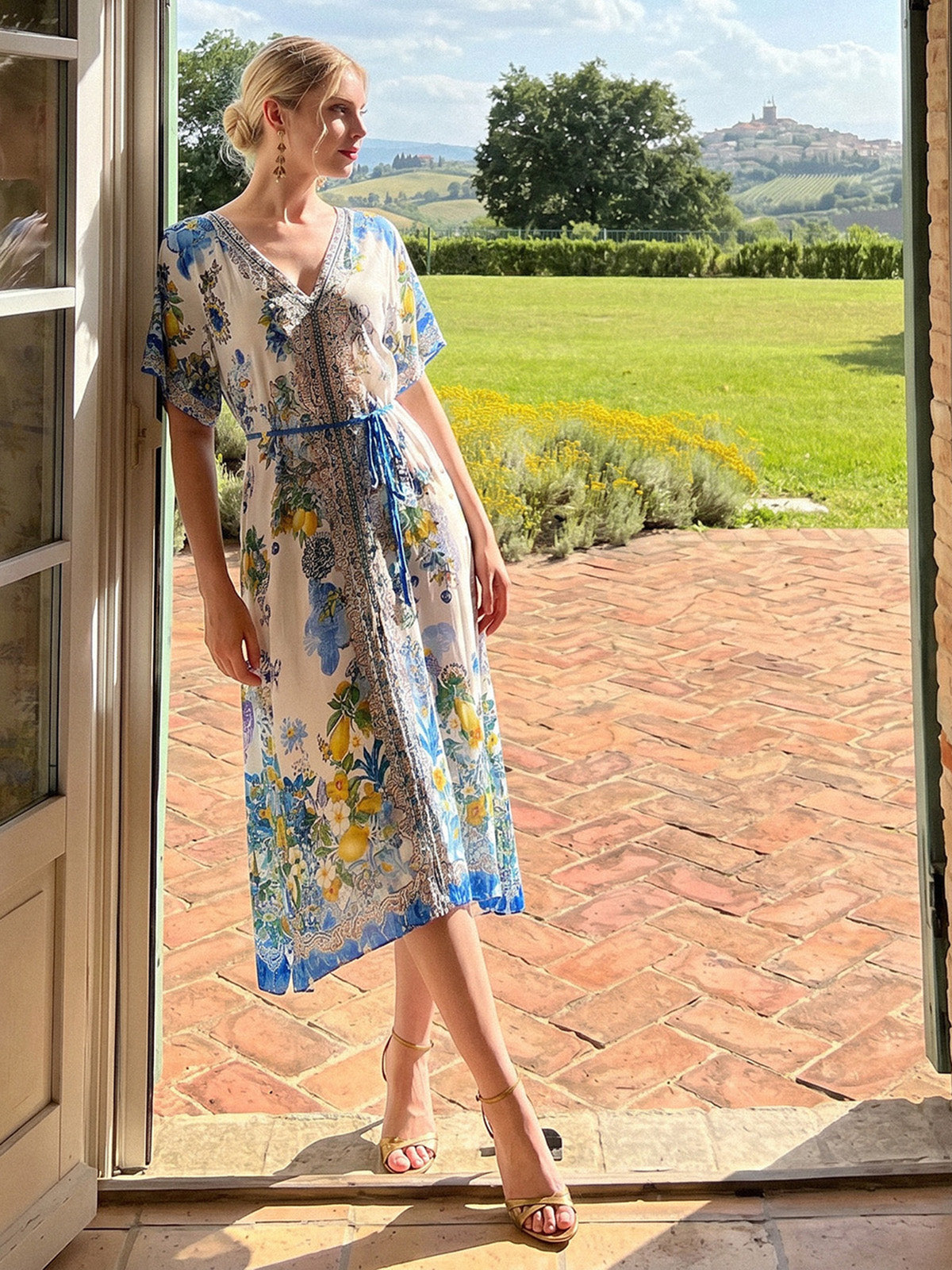 100% Silk Allover Print Rhinestone Dress (Waist Tie Included)