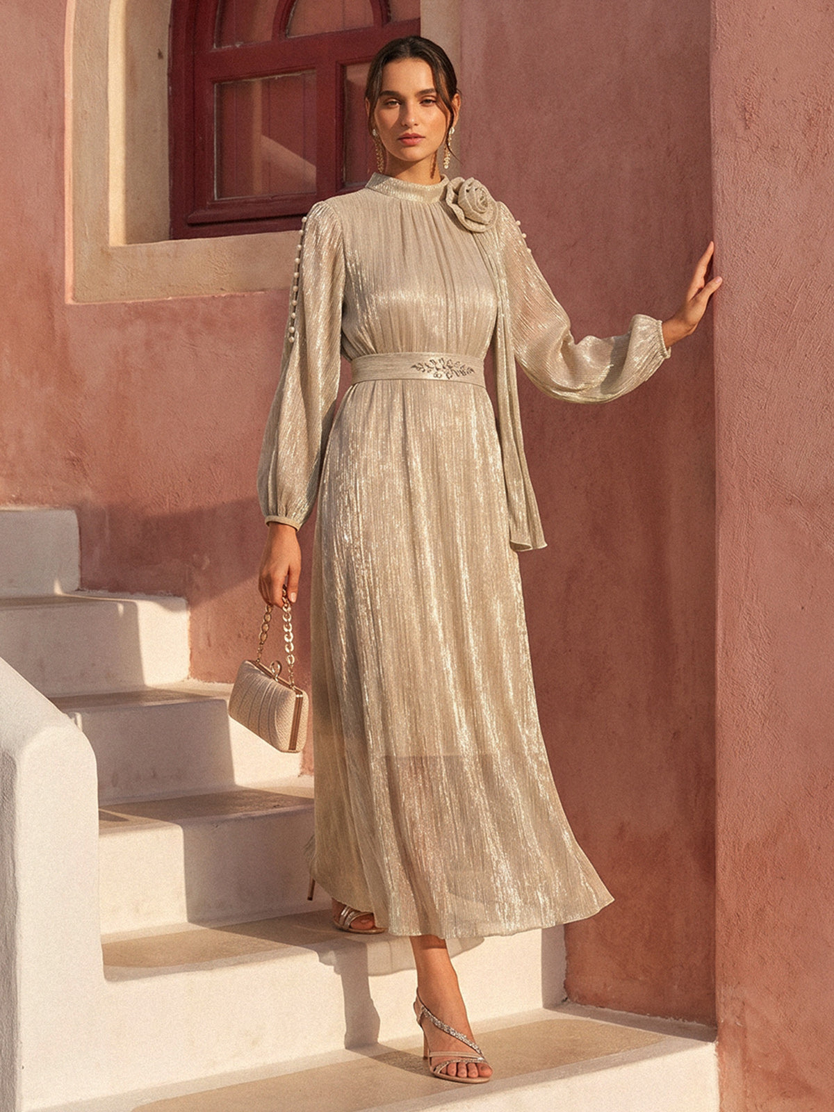 Glitter Pleated Pearl-Buttons Dress (Detachable Floral & Waist Tie Included)