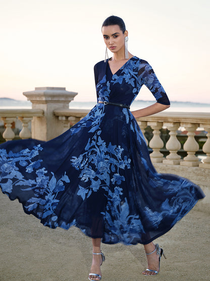 Floral Mesh V-Neck Maxi Dress (Belt Included)