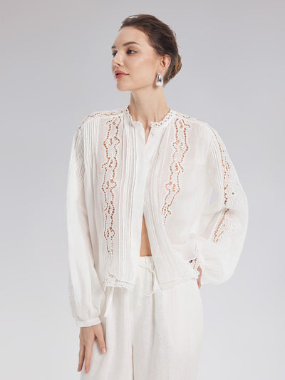Pleated Hollow Embroidered Blouse