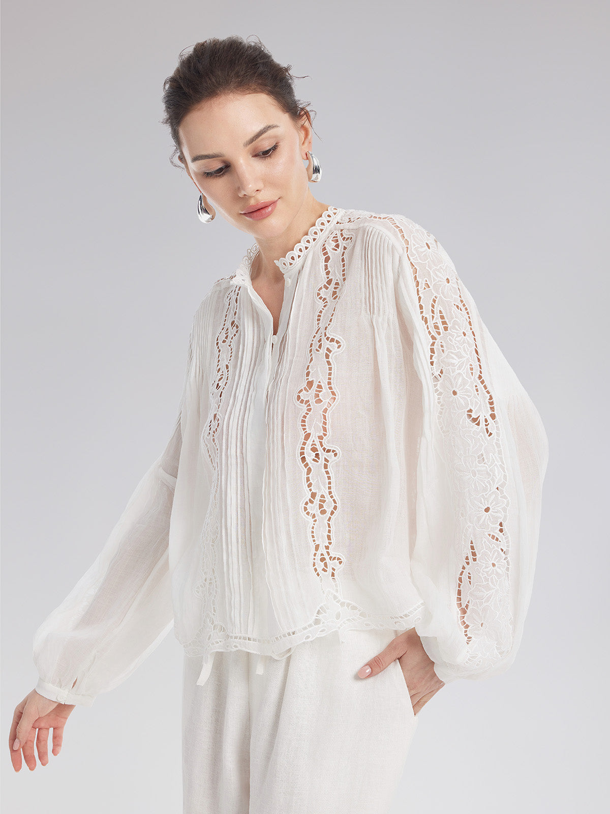 Pleated Hollow Embroidered Blouse