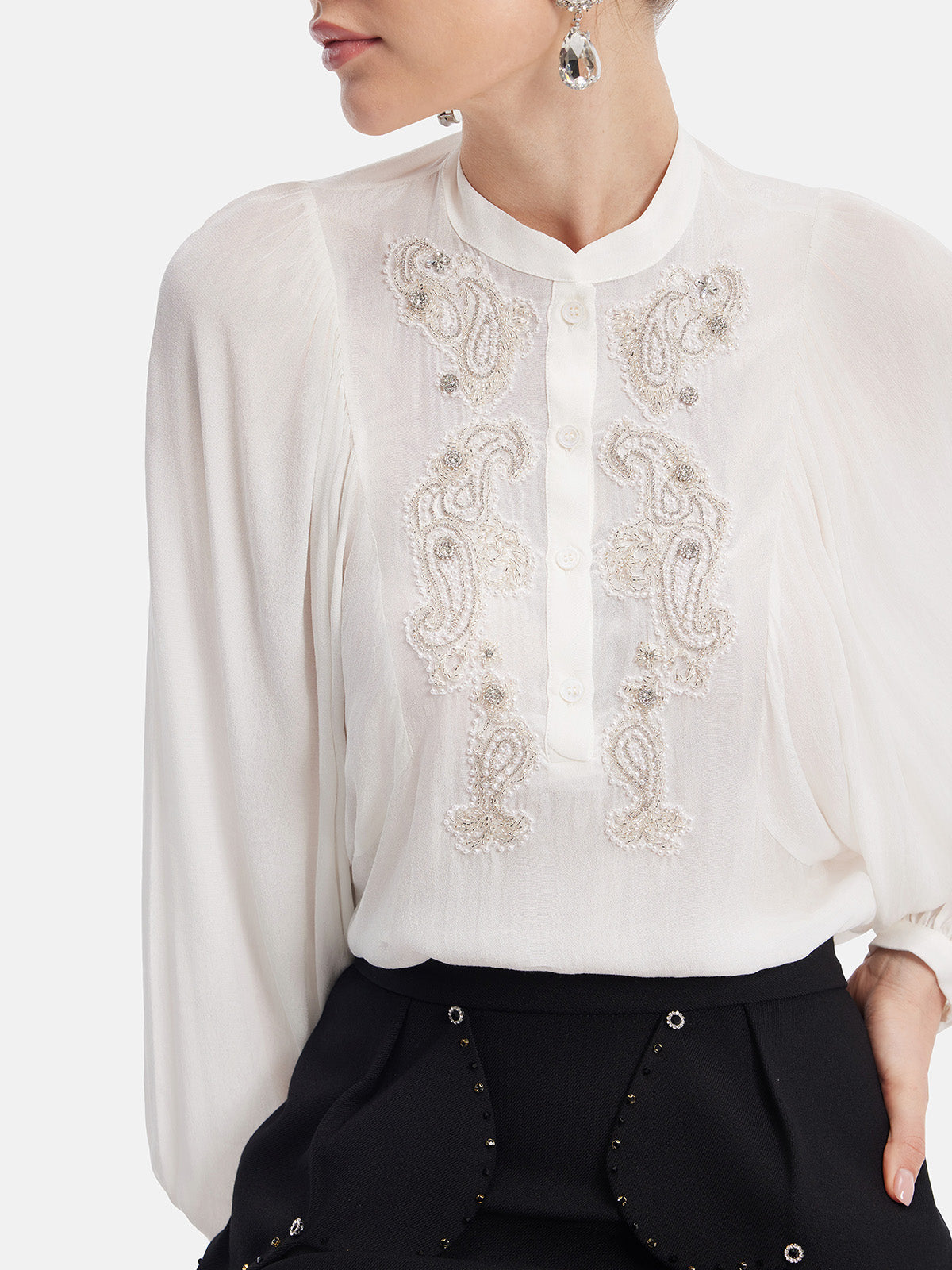 Cutout Embroidered Beaded Top