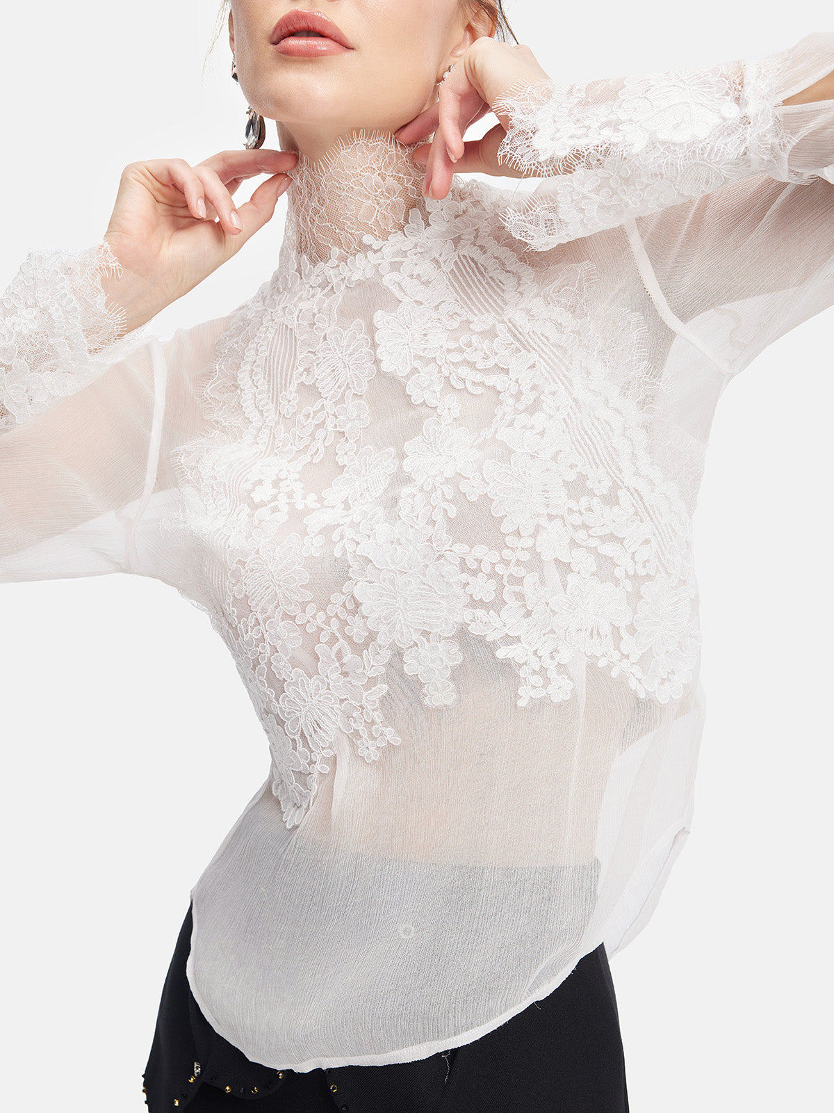 Slim Fit Lace Stand Collar Top