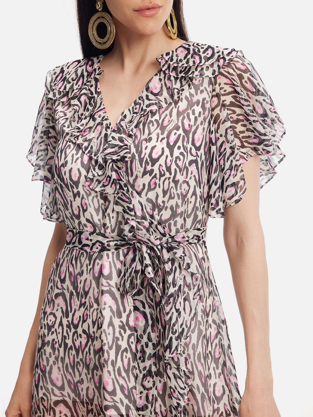 Pink Leopard Ruffle Collar Dress