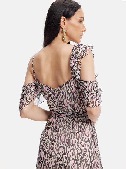 Pink Leopard Cold-Shoulder Dress