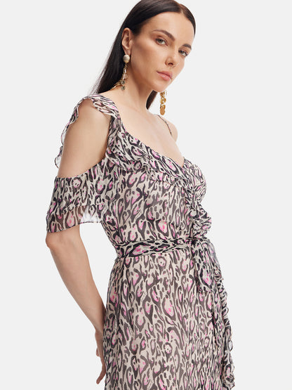 Pink Leopard Cold-Shoulder Dress