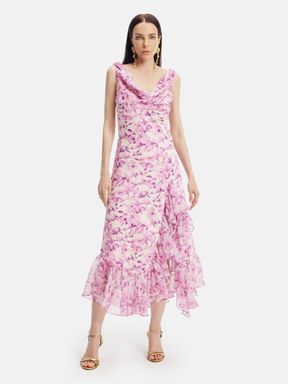 Pink Floral Print Ruffle Hem Dress