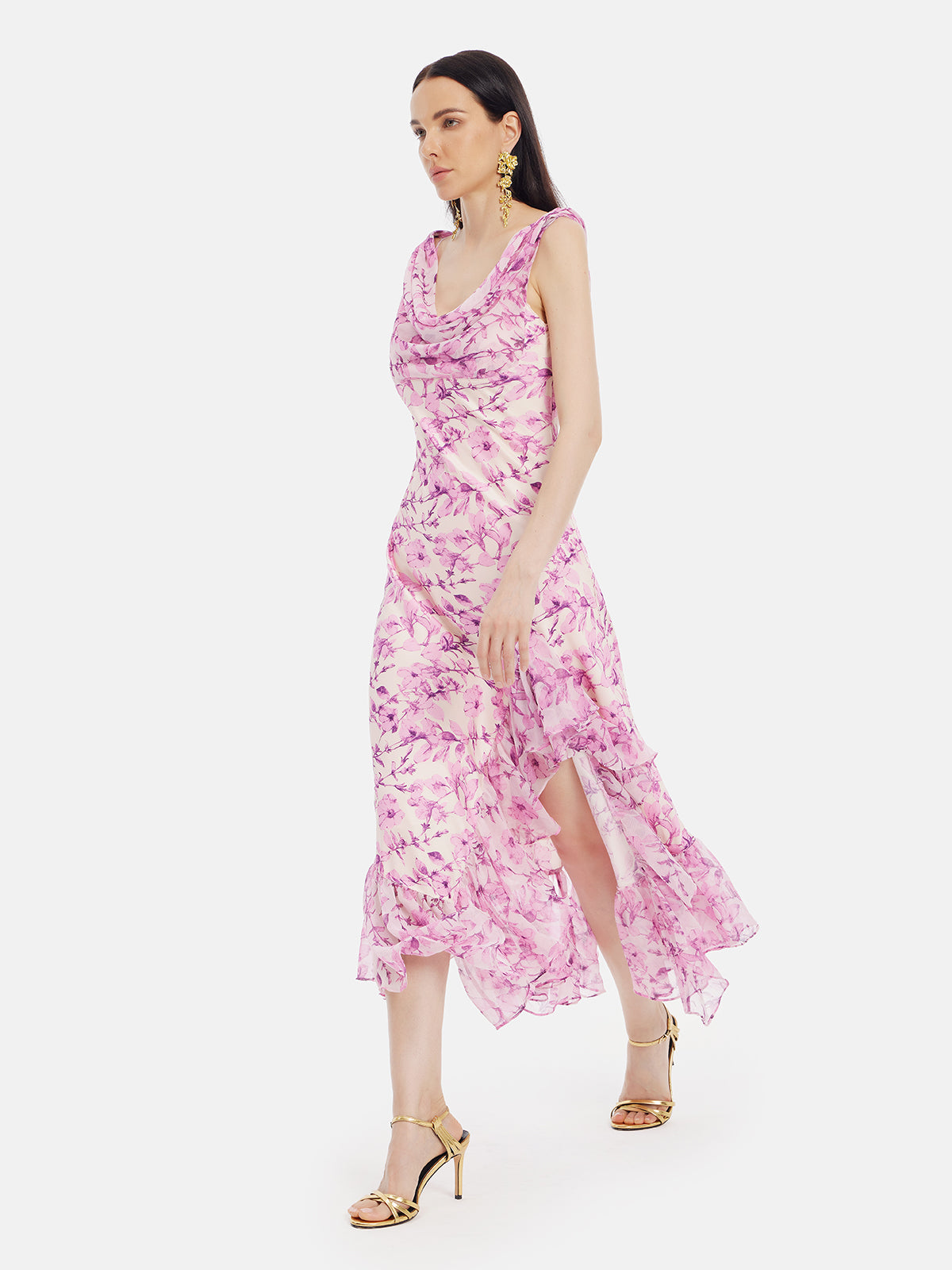 Pink Floral Print Ruffle Hem Dress